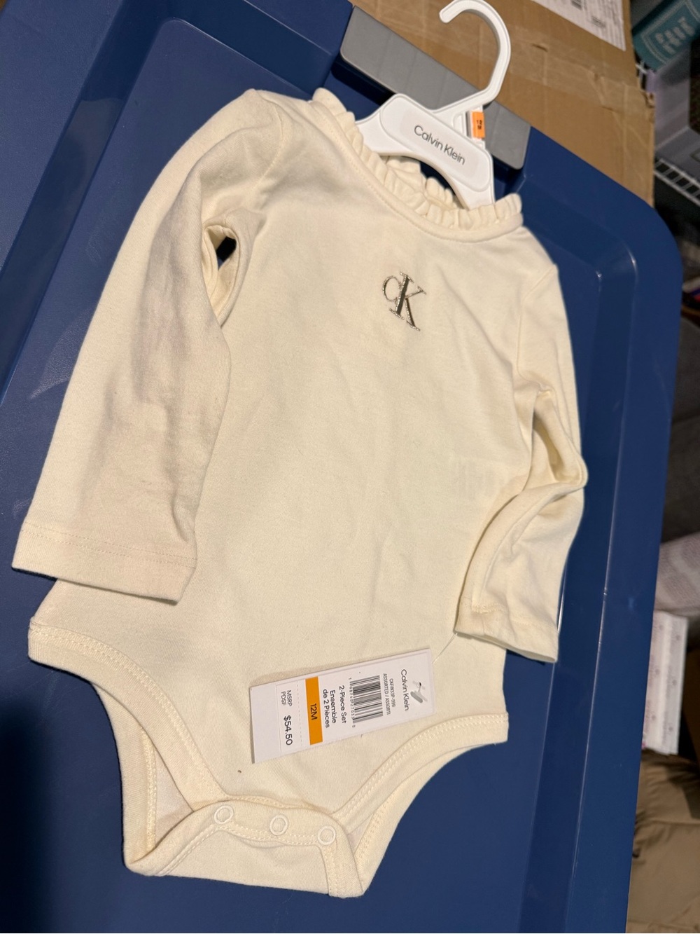 Calvin Klein Cream Long-Sleeve Ruffle Neck Baby Bodysuit size 12 Months NWT